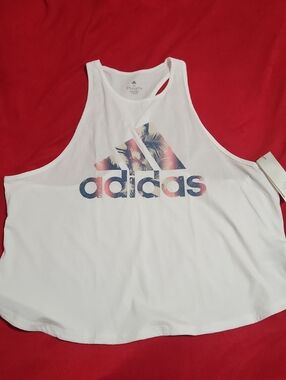 adidas White Tank Top with Blue and Pink Logo